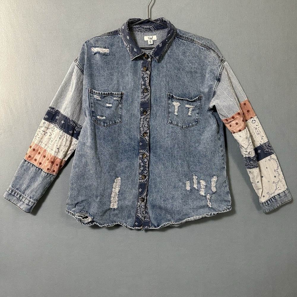 Easel Stonewashed Denim Patchwork Shirt Women's Medium Distressed Bandana Print